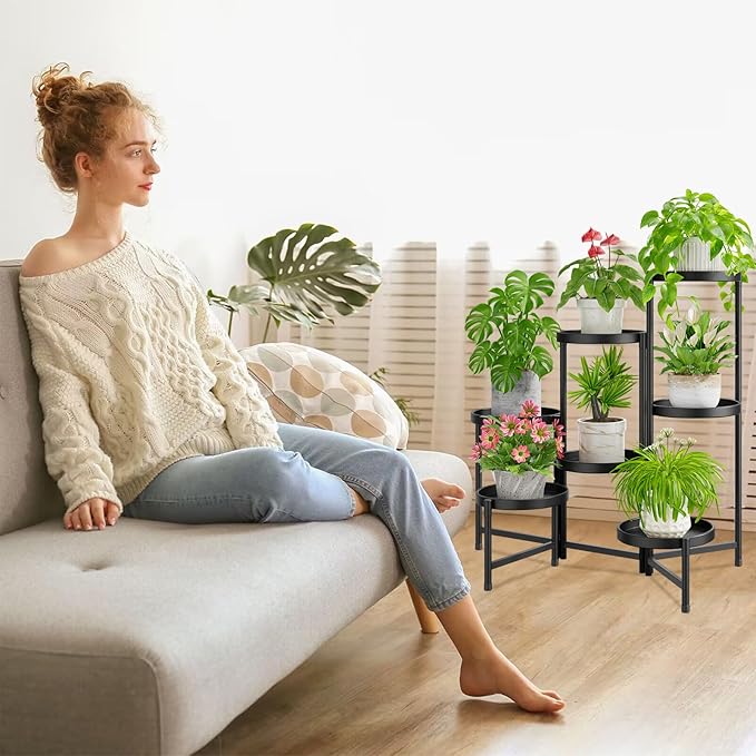 iDavosic.ly 7 Tier Large Plant Stand Indoor with 10 Inch Wide Tray, Tiered Corner Metal Outdoor Flower Display Holder Shelf, Folding Tall Rack for Patio Porch Living Room, Modern Black iDavosicly