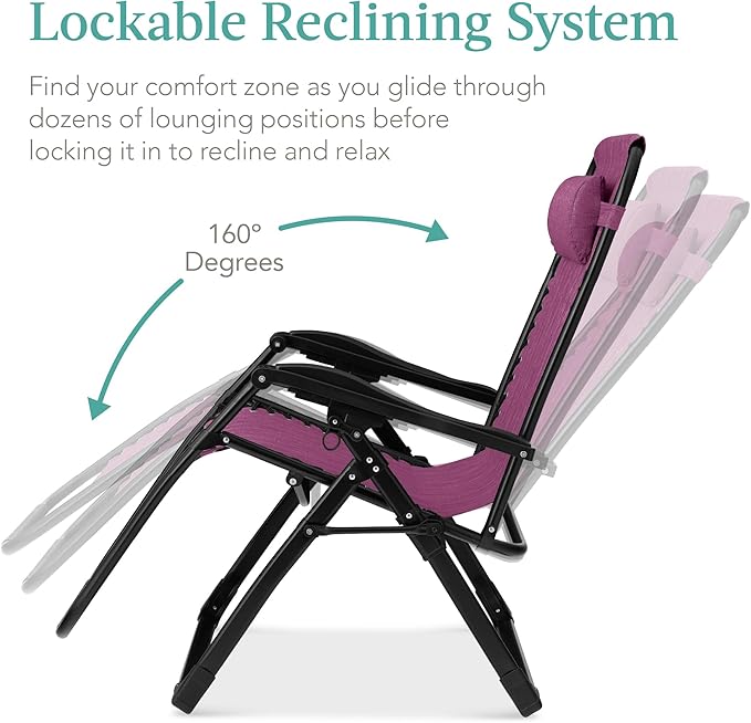 Best Choice Products Oversized Zero Gravity Chair, Folding Outdoor Patio Recliner, XL Anti Gravity Lounger w/Removable Cushion, Cup Holder, Side Tray, 350lb Capacity - Amethyst Purple BestChoiceProducts