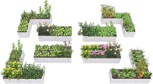 A ANLEOLIFE Set of 8, 18 Inch Tall Antique White Raised Garden Beds Kit, L-Shaped & Rectangular Metal Planters – Ideal for Backyard Vegetables Flowers Herbs AAnleolife