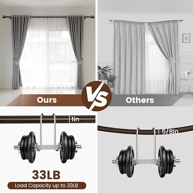 1” Diameter brown curtain rod Itself is 30 to 144 inch. 1 Pack Fits 30-142 inch, 66 to 120 inch Windows with Heavy Duty Adjustable brown curtain rods Splicing Metal Extra Long Curtain Rod Rootora