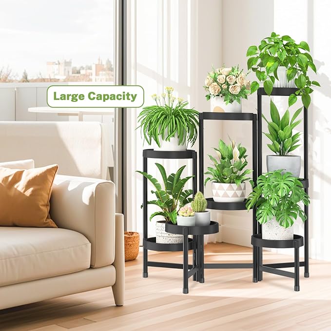 iDavosic.ly 8 Tier Folding Plant Stand Indoor Outdoor with Plastic Tray, Tiered Corner Flower Holder Shelf, Metal Orchid Display Rack for Patio Porch Living Room Garden Balcony, Modern Black iDavosicly