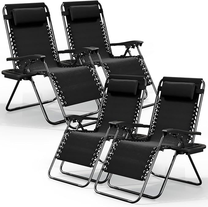 Nestl Zero Gravity Chairs Set of 4, Patio Lounge Chair Outdoor with Pillows & Cup Holder Trays, Adjustable Steel Mesh Reclining Camping Chair, Folding Patio Lawn Chair for Deck, Beach, Yard - Black Nestl