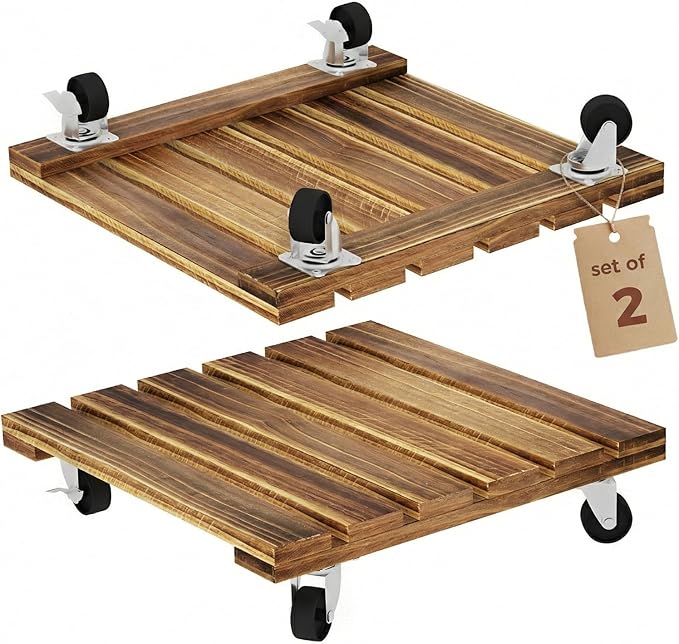 Bamworld Wood Plant Caddy with Wheels, 300lb Capacity, Heavy Duty Planter Stand with Wheels 12inch Plant Dolly 2 Pack Premium Quality, Ready to Use Bamworld