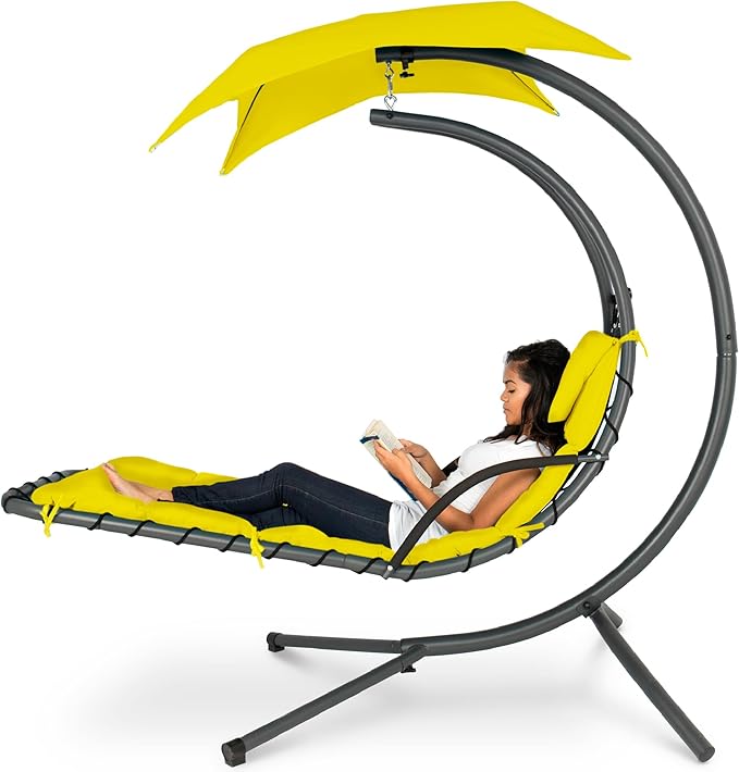 Best Choice Products Outdoor Hanging Curved Steel Chaise Lounge Chair Swing w/Built-in Pillow and Removable Canopy - Yellow BestChoiceProducts