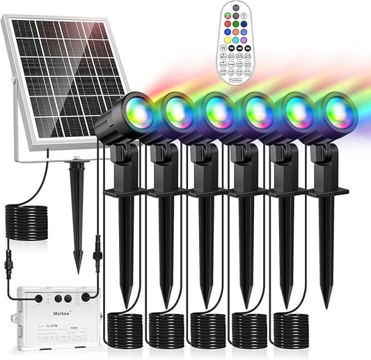 MEIHUA Solar Spot Lights Outdoor Color Changing, 6 in 1 Solar Landscape Lighting RGB Spotlights with Remote Control, IP66 Waterproof Solar Lights Outdoor Garden for Pathway Yard Pool Tree MEIHUA