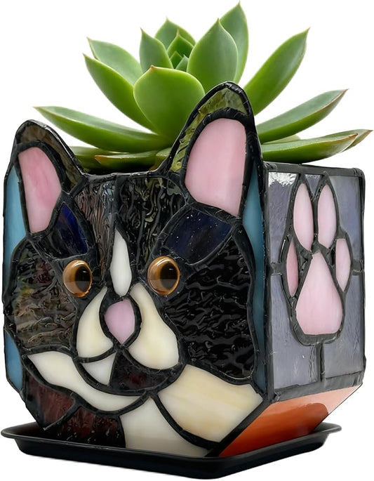 Handmade Stained Glass Black Cat Planter, Decorative Succulent Pot with Drainage, Indoor Plant Holder, Home Decor Entlityful