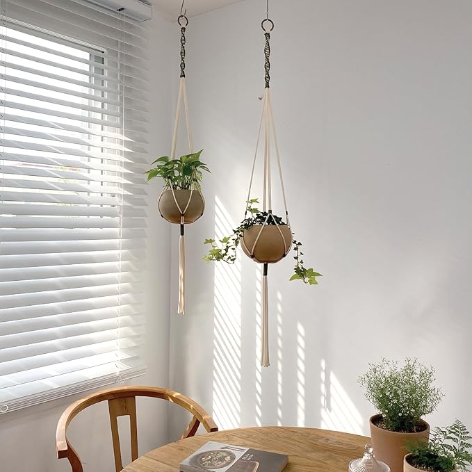 Macrame Plant Hanger Polyester Rope 42 Inch Outdoor Indoor Adjustable Hanging Planter for up to 10 Inch Plant Pot Modern Boho Home Decor (Ivory/Forest Green) LETBE