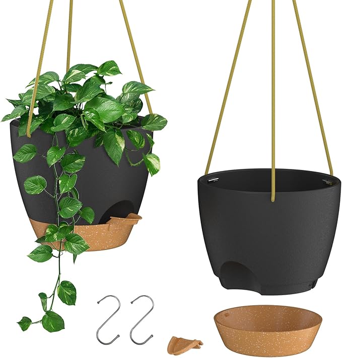ZMTECH 6.5 Inch Hanging Planters for Indoor Outdoor Plants, 2 Pack Self Watering Hanging Plant Pots with Drainage Holes and Removable Saucer, Plastic Flower Hanging Pots with Watering Lip (Black) HighQualityGardeningTools