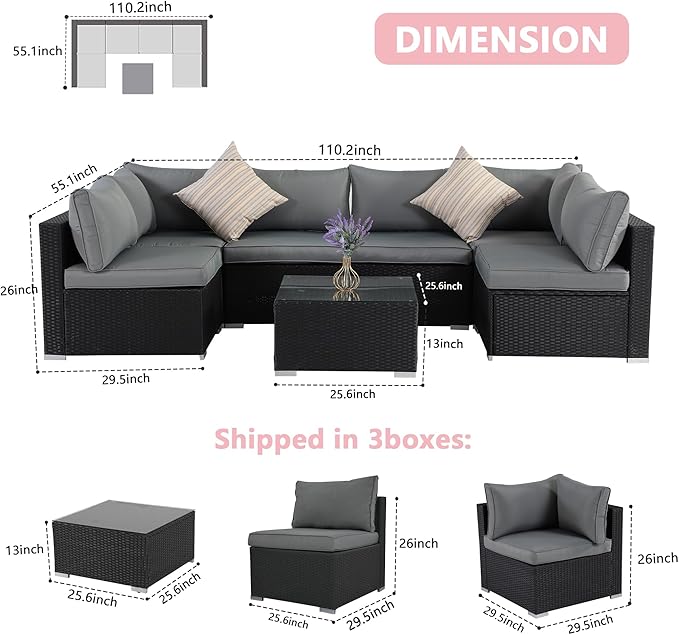 7 Pieces Patio Furniture Set - All-Weather Outdoor Wicker Sectional Conversation Sofa, Rattan Patio Seating Sofa Set with Cushion and Glass Table for Porch Poolside, Black/Grey ZJEYEJZ