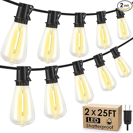 50FT(2x25FT) Outdoor String Lights, Patio Lights with 20+2 LED Dimmable Waterproof ST38 Vintage Bulbs for Backyard Bistro Cafe Deck, Black Larkvue