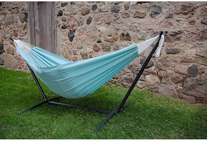 Vivere Double Polyester Hammock with Space Saving Steel Stand and Premium Carry Bag - 450 lb Capacity Vivere