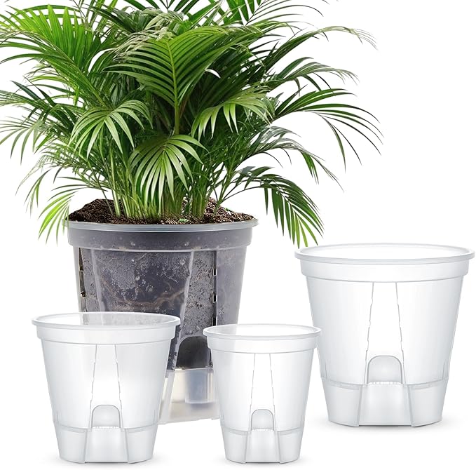 Self Watering Pots for Indoor Plants with Deep Reservoir and High Drainage Holes for Outdoor Plants and Flowers, Bare Root Planter(4.72''/5.91''/7.09''/8.27'',Clear,4 Pcs) Wonderjune