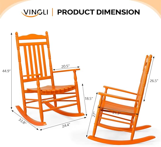 VINGLI Wooden Rocking Chair, Outdoor Chair with 450 lbs Support, Relaxing Rocker with Solid Wood High Back Seat Reclining Seat for Deck, Garden, Backyard, Porch, Indoor or Outdoor Use (Orange, 1PC) VINGLI