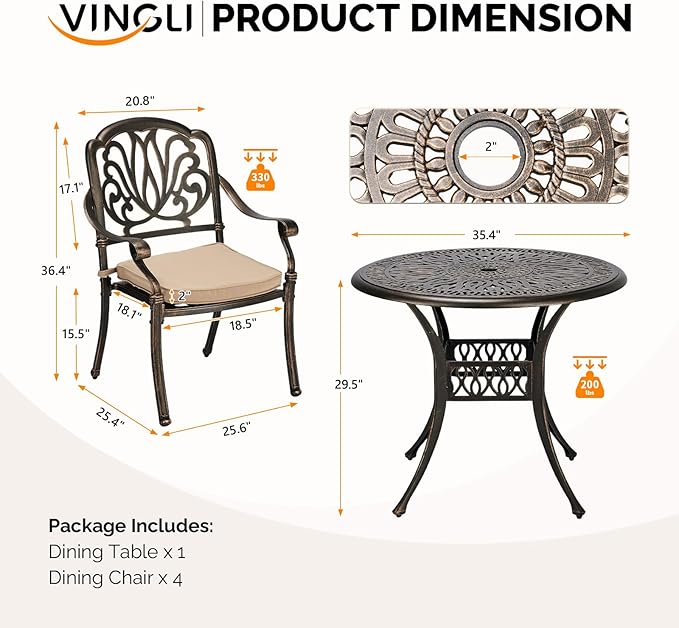 VINGLI 5-Piece Outdoor Patio Dining Set, Cast Aluminum All-Weather Outdoor Table and Chairs w/Cushion, Outdoor Furniture Set w/Umbrella Hole for Backyard Deck Poolside (Round, Elizabeth Back) VINGLI