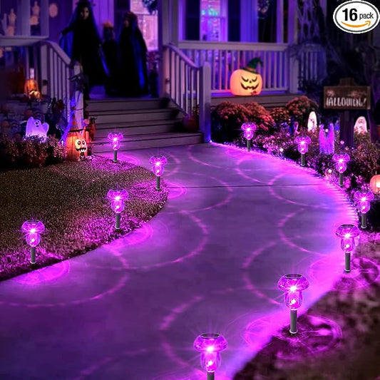 Solar Lights Outdoor, 16 Pack Mushroom Lights Outside Waterproof, Solar Powered LED Lighting for Garden, Yard, Landscape, Path, Pathway, Lawn, Walkway, Driveway, Backyard Halloween Decor (Purple) SolarOutdoorLights
