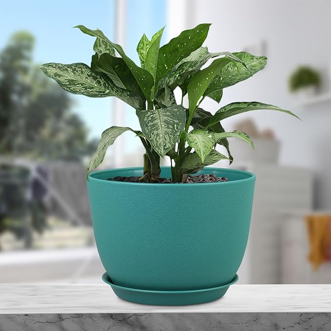 Plant Pots 12 inch, Plastic Planters with Drainage Holes and Saucers, Large Flower Pots for Indoor Outdoor Plants, Modern Decorative Pots for Garden House Plants, Blue Green Meowell