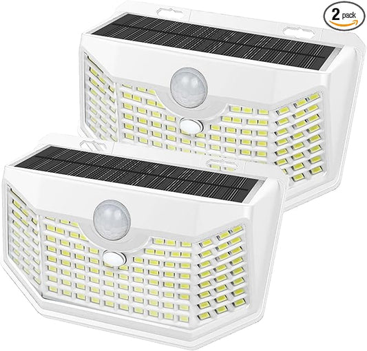 HMCITY 120 LED Solar Lights Outdoor with Motion Sensor and 3 Lighting Modes, IP65 Waterproof Wide Solar Wall Lights Ideal for Garden Patio Yard (Front Button 2Packs, White Shell-Daylight White) LightingUpYourLife
