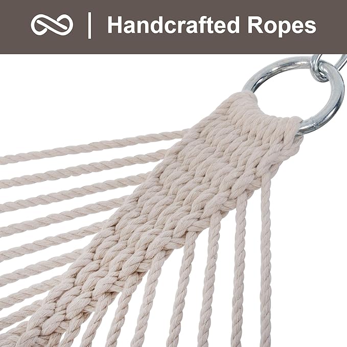 SUNCREAT Hammocks Traditional Rope Double Hammock with Hardwood Spreader Bar and Carrying Bag, 450 lbs Capacity, Natural SUNCREAT