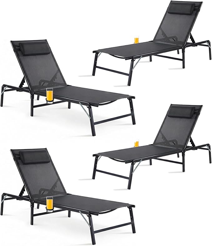 4 Pack Foldable Chaise Lounge Chair with Cup Holder, Assemble-Free Outdoor Lounge Chair with Detachable Pillow and 6 Adjustable Backrest, Patio Lounge Chair for Outside Poolside Beach Pool, Black HOMELYM