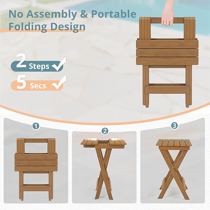 LUE BONA 27 inch Folding Side Table, HDPS Outside End Table for Patio, Porch, Deck, Pool, Weather Resistant, Teak Color Oil Printed LUEBONA