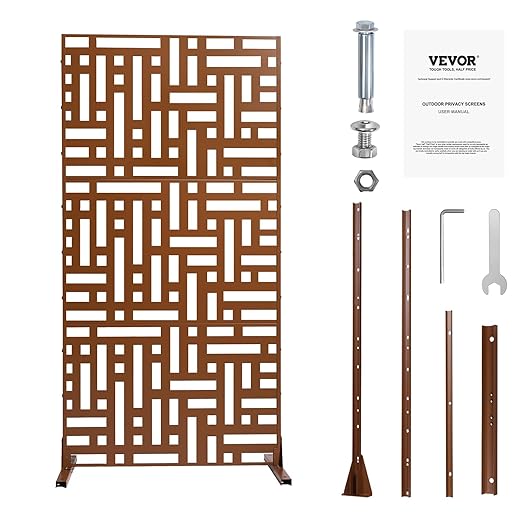 VEVOR Metal Privacy Screen, 47" W x 76" H, Outdoor Privacy Screens 3-Panel, Freestanding Outdoor Divider with Stand, Decorative Garden Steel Privacy Fence for Balcony Patio Indoor Room Hot Tub Brown VEVOR