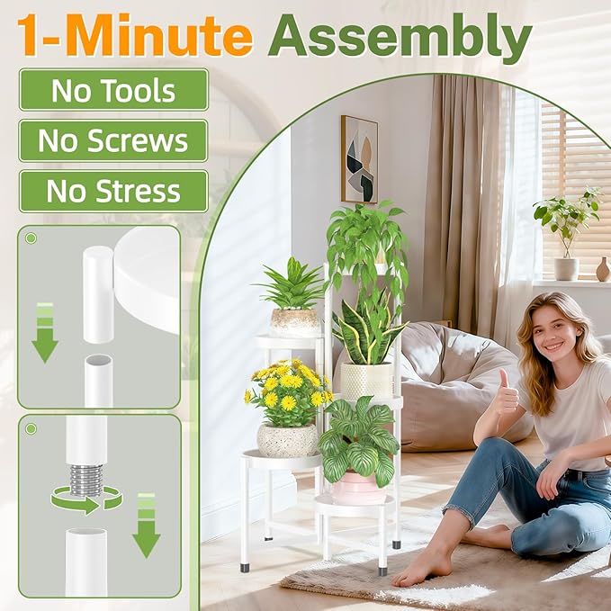 iDavosic.ly Plant Stand Indoor Outdoor, 5 Tier Corner Metal Flower Display Holder Shelf, Easy Assembly Folding Tall Orchid Rack for Patio Balcony Porch Garden Living Room House, White iDavosicly
