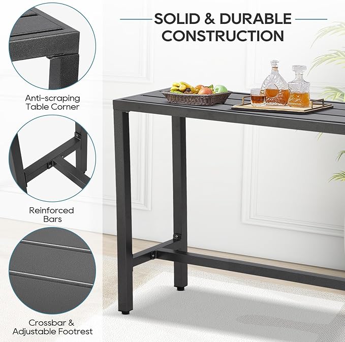 Outdoor Bar Table, Patio Console Pub Height Tables with Powder Coated Steel Frame, Weather Resistant Waterproof Top for Hot Tub, Balcony, Garden, Yard, Poolside (Grey, 55" Bar Table) Sumshadow