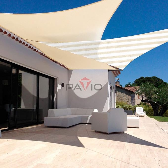 Patio Paradise 12' x 12' x 12' Sun Shade Sail Triangle Canopy Shade Cloth Fabric Sunlight Block Patio Pergola Cover HDPE Deck Awning for Outdoor Backyard Roof Shading, Beige White Strip Patio