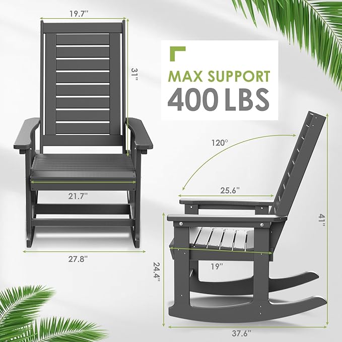 GREENVINES Outdoor Rocking Chairs | Set of 2 | Porch Rocker | HDPE Plastic | Grey | Oversized Rockers | High Back | Big & Tall | Ladder Back | for Patio Outside Backyard Balcony Garden GreenVines