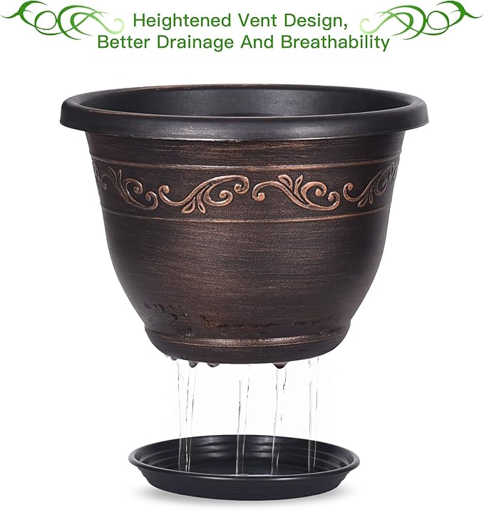 Plastic-Plant-Flower-Planters-16 Inch With Drainage Hole & Saucer, 3 Packs Lightweight Small Resin Flower Pot Indoor Outdoor, Retro Antique Imitation Decorative Garden Containers Sets For Houseplants Pottiffe