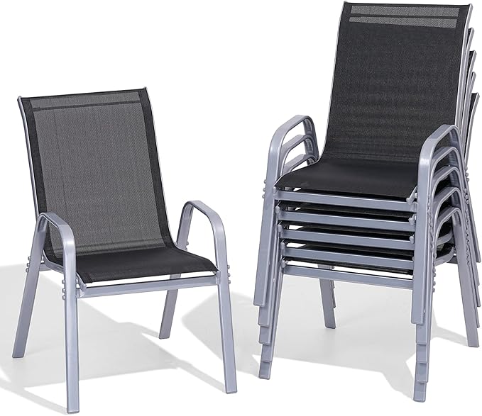 Patio Chairs Set of 6, Easily Set Up Stackable Outdoor Dining Chairs with High Back and Wide Seat, All Weather Breathable Outdoor Chairs Set of 6 with Metal Frame for Backyard Deck Pool, Black Dovov