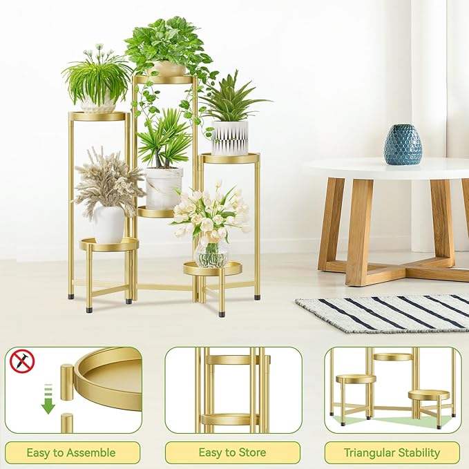 iDavosic.ly Plant Stand Indoor Outdoor, 6 Tier Corner Metal Flower Display Holder Shelf, Easy Assembly Folding Tall Orchid Rack for Patio Balcony Porch Garden Living Room House, Gold iDavosicly