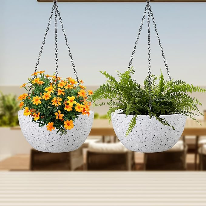 10 inch Hanging Planters for Indoor Outdoor Plants, 2 Pack Hanging Flower Pots with Drainage Holes and Chain for Garden Porch, Plastic Hanging Baskets for House Plants, Speckled White Meowell
