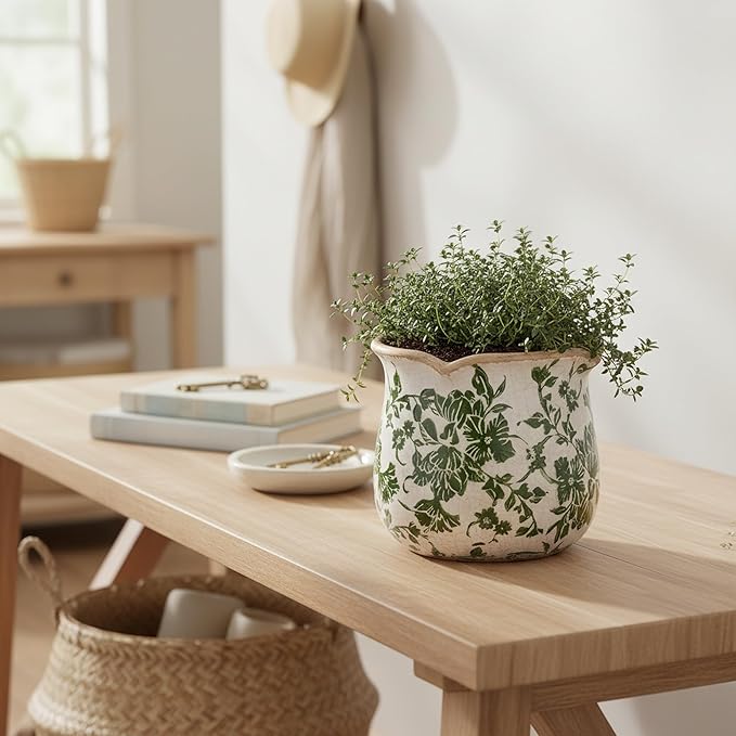 Tuscan Ceramic Plant Pots, 6.11 Inch Vintage Planters with Drainage Hole for Indoor Plants, Farmhouse Green Scroll Vase & Flower Pots, Home Kitchen Garden Decor, Plant Lover Gifts XiaanJiaju