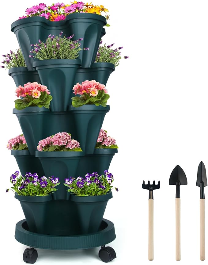 DUNCHATY Stackable Vertical Garden Planter with Wheels, 5 Tier Herb Planter Pots for Growing Vegetables and Succulents, Pine Green DUNCHATY