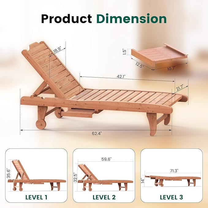 Wooden Chaise Lounge Chair, 3-Position Adjustable Outdoor Tanning Chair with Hidden Side Tray & Wheels, Poolside Patio Sun Chair EUNHOO