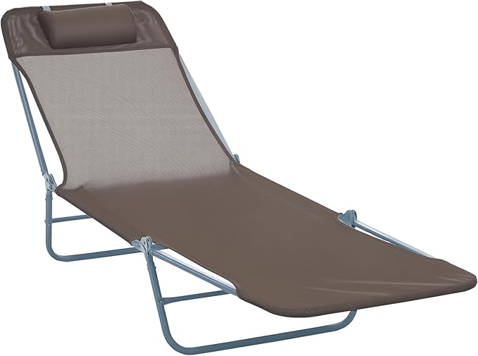 Outsunny Folding Chaise Lounge Chair, Pool Sun Tanning Chair, Outdoor Lounge Chair with Reclining Back, Breathable Mesh Seat, Headrest for Beach, Yard, Patio, Brown Outsunny