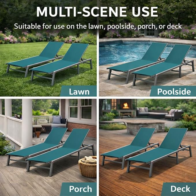 Kozyard 2-Pack Outdoor Lounge Chairs, Foldable Aluminum Frame Patio Chaise Lounge with 5-Position Adjustable Backrest, No Assembly, Breathable Textilene Fabric for Poolside Beach (MintGreen, Notable) Kozyard