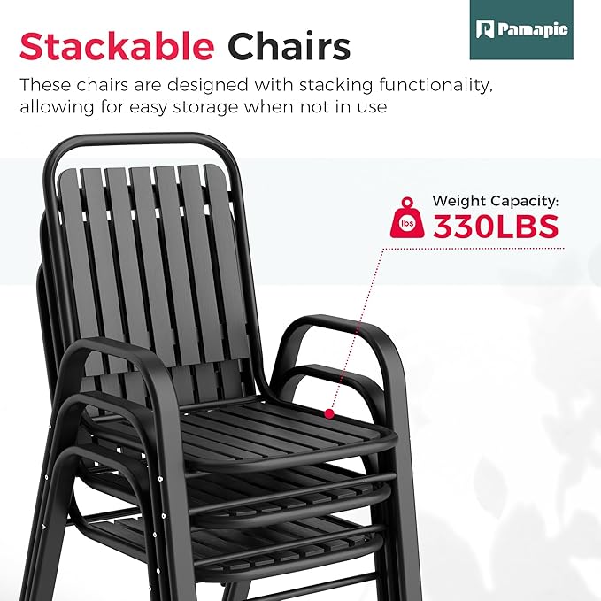 Pamapic Outdoor Dining Sets for 6, Rectangular Steel Slat Table with 6 Plastic Chairs, 7 Piece Patio Table and Chairs Set with Adjustable Umbrella Hole for Garden, Backyard, Poolside (Black) Pamapic