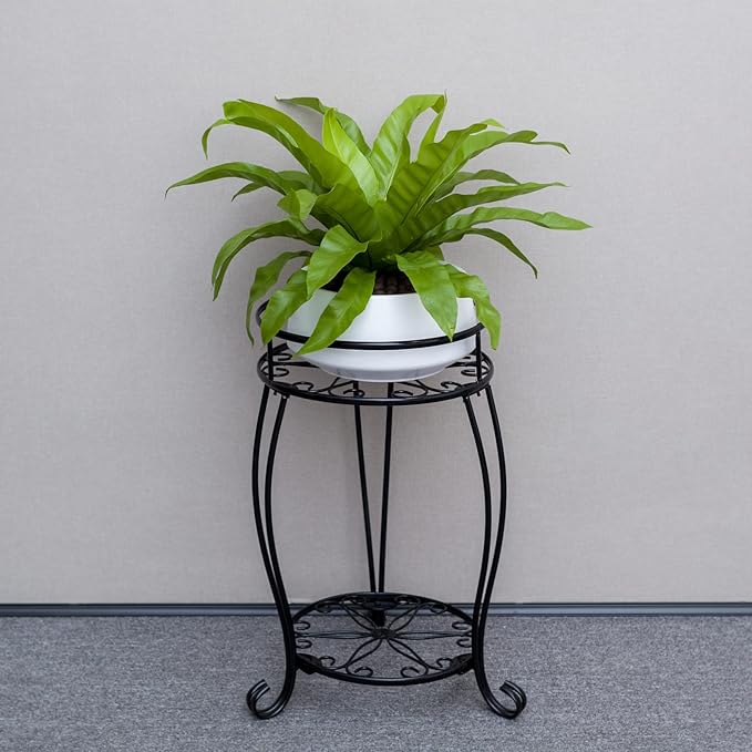 FaithLand Plant Stand, Heavy Duty Metal Planter Holder Indoor Outdoor, 2 Tier Round Potted Supports Rack, Corner Display Shelf Black FaithLand