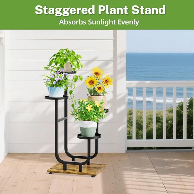 iDavosic.ly 4 Tier Plant Stand Indoor, Corner Tiered Multiple Flower Holder Shelf with Metal Trays, Orchid Display Wooden Rack for Patio Porch Living Room Balcony Outdoor, Modern Black & Rustic Brown iDavosicly