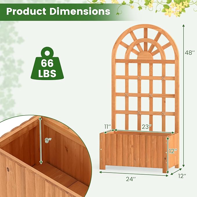 Giantex Wooden Raised Garden Bed with Arched Trellis Set 2, 48” Fir Wood Outdoor Elevated Planter Box Privacy Screen w/Drainage Hole, Vertical Garden Bed for Climbing Plants, Patio Balcony Backyard Giantex
