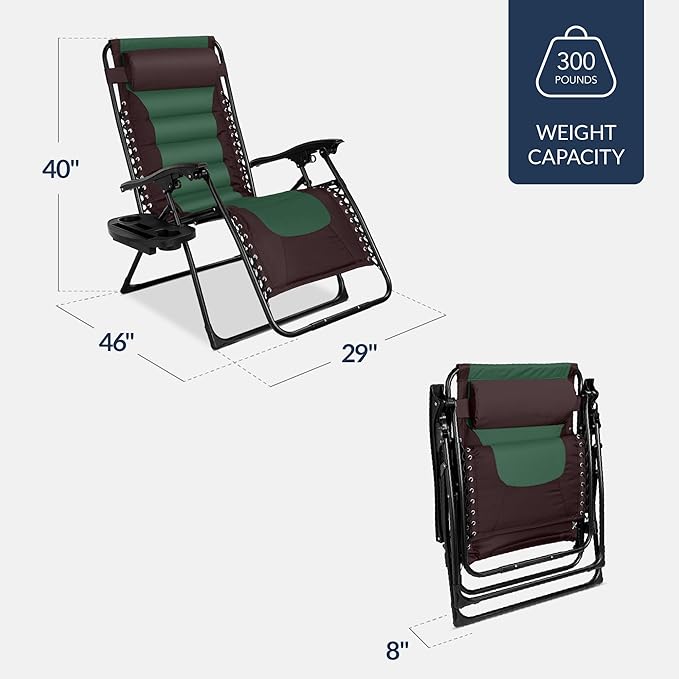Best Choice Products Oversized Padded Zero Gravity Chair, Folding Outdoor Patio Recliner, XL Anti Gravity Lounger for Backyard w/Headrest, Cup Holder, Side Tray, Polyester Mesh - Espresso/Green BestChoiceProducts