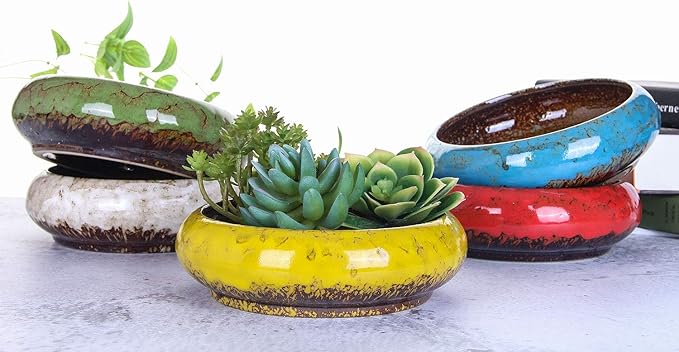 VanEnjoy 7.1 inch Round Large Shallow Succulent Ceramic Glazed Planter Pots with Drainage Hole, Bonsai Pots Garden Decorative Cactus Stand Flower Container (Red) VanEnjoy
