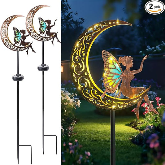 Afirst Solar Garden Lights Outdoor Decor Moon Fairy Stake Lights Waterproof Warm White LED Metal Stake Decor for Outdoor Pathway Yard Lawn Decoration Housewarming Mom Gifts 2 Pack Afirst