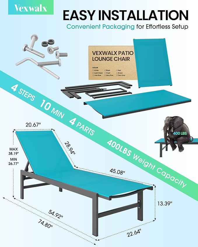 Outdoor Lounge Chairs Set of 2, Aluminum Patio Chaise Lounge Chairs with 5-Position Recliner, Pool Lounge Chairs for Backyard, Poolside, Deck, Lawn (Lakeblue) Vexwalx