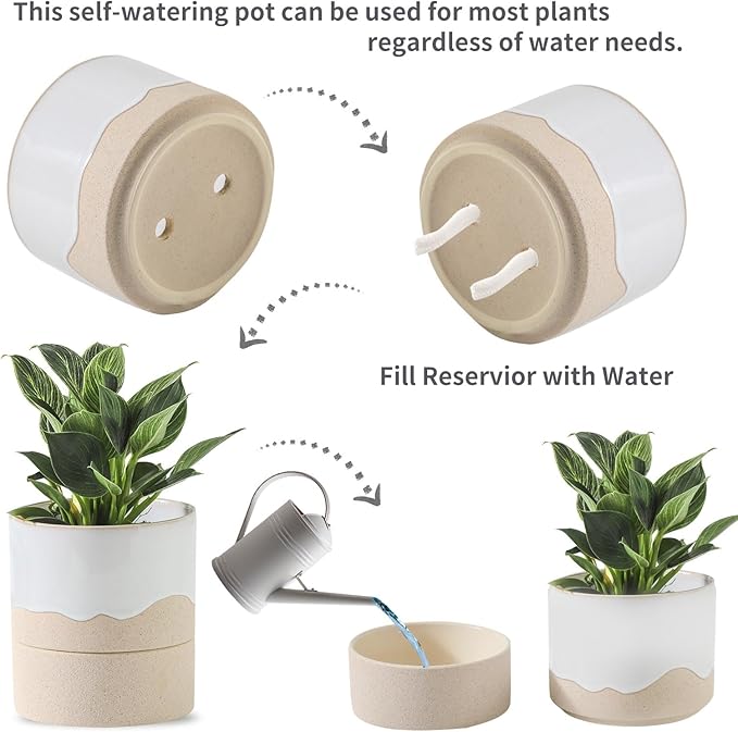 Nihow Self Watering Plant Pot for Indoor Plants: 4.5+6 Inch Ceramic Planter with Drainage Hole & Water Storage Plus - Cylinder Flower Pot with Wick for Herbs -White & Nature Nihow