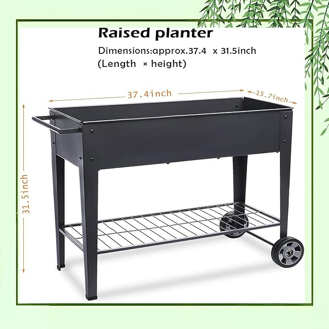 31.5" Tall Raised Garden Bed with Wheels, Extra 15.7" W Planter Box (400 lbs Loads) with Storage Shelf & Handle,Heavy Duty Metal Garden Planter for Vegetables, Herbs & Flowers, Patio & Balcony FOYUEE