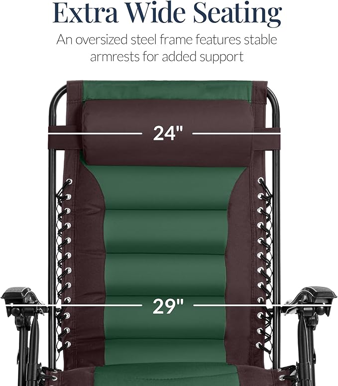 Best Choice Products Oversized Padded Zero Gravity Chair, Folding Outdoor Patio Recliner, XL Anti Gravity Lounger for Backyard w/Headrest, Cup Holder, Side Tray, Polyester Mesh - Espresso/Green BestChoiceProducts