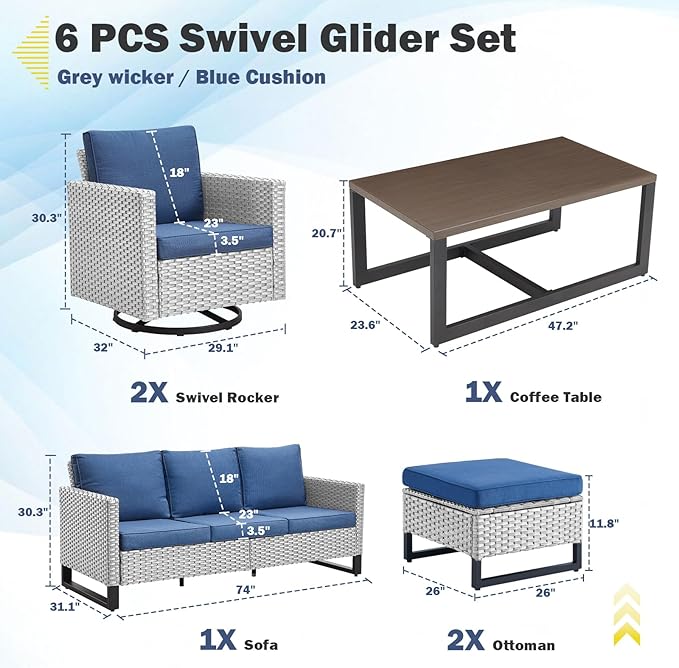 Belord 6 Piece Outdoor Furniture Patio Wicker Sofa Set, Oversize Outdoor Swivel Rocker Chairs with Rattan Ottomans, Conversation Sets Patio Furniture Come with Removable Washable Belord